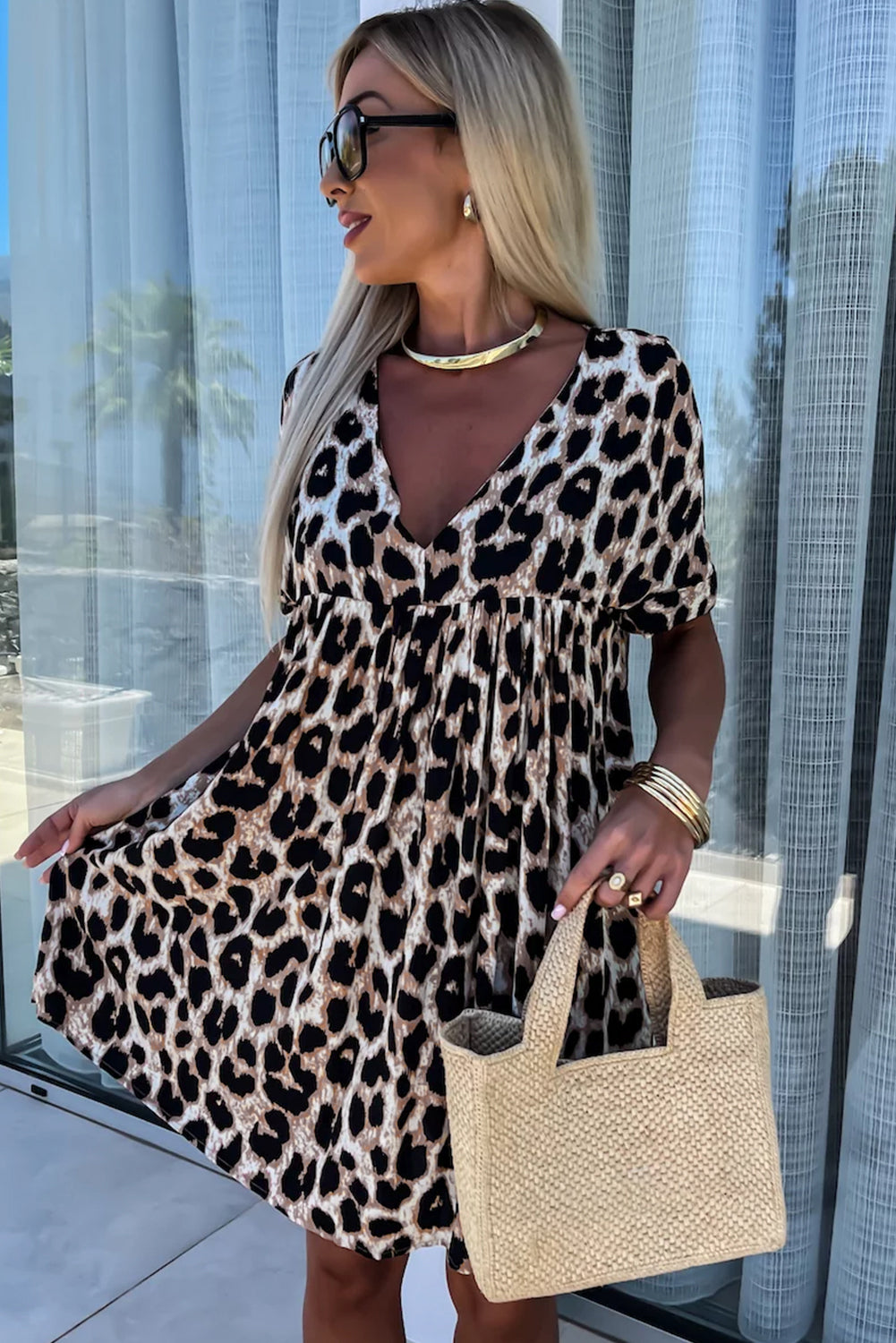 Khaki Cheetah Print Backless V Neck Loose Fit Mini Dress eAura