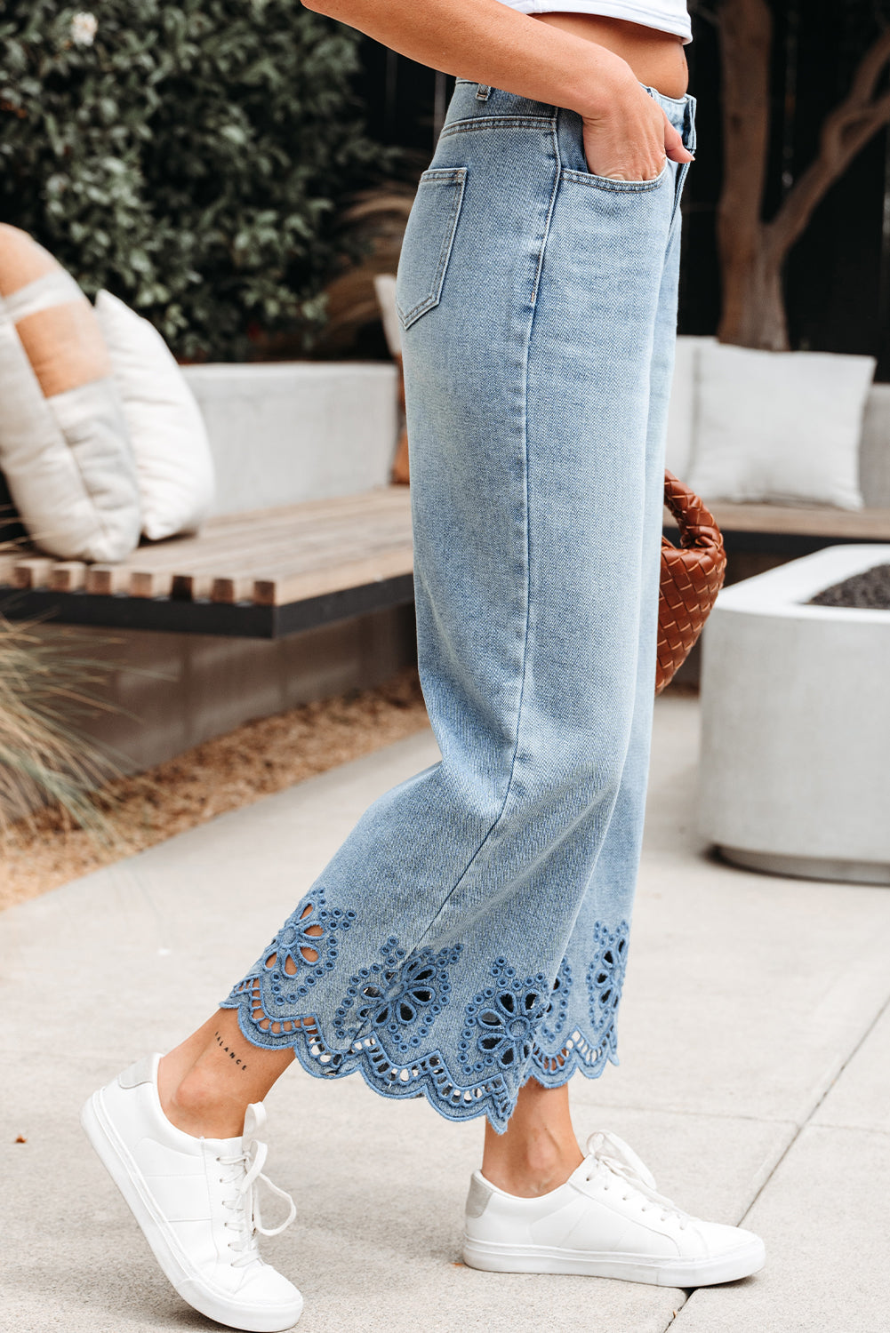 Embroidered Cropped Wide Leg High Waist Jeans - eAura