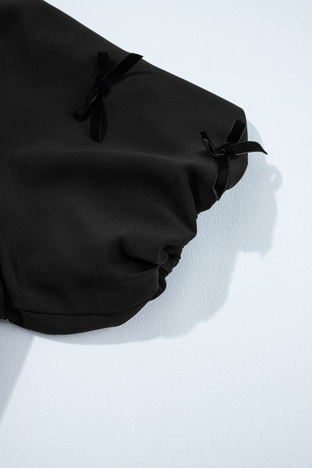 Black Bow Decor Puff Sleeve Split Neck Blouse eAura