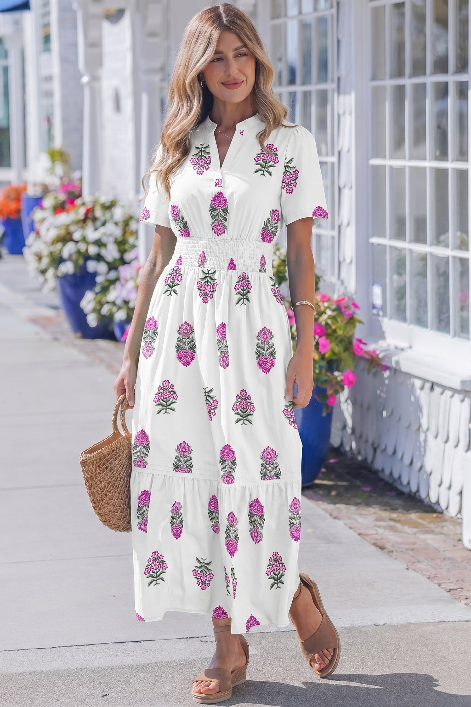 Floral Print Split Neck Shirred Waist Ruffle Hem Maxi Dress