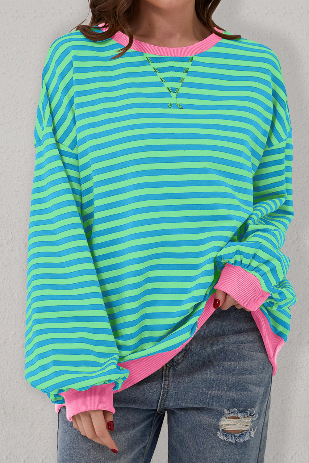 Sky Blue Stripe Oversized Contrast Trim Pullover Sweatshirt BB Fashion Outlet