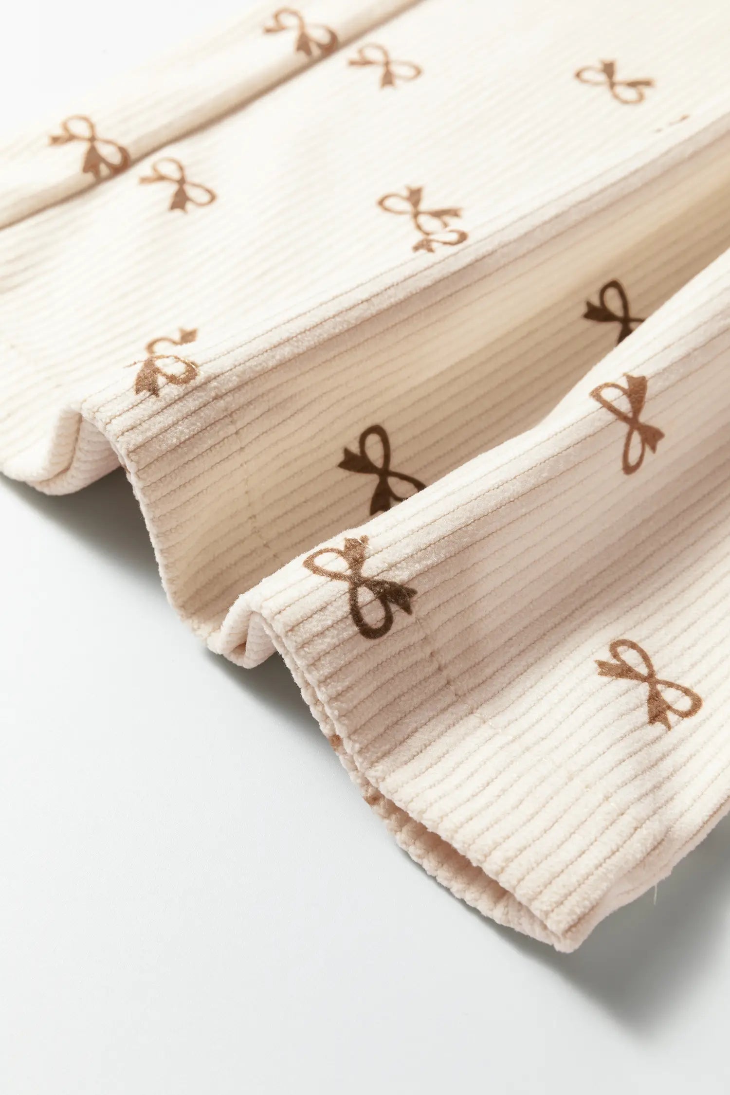 Apricot Bow Print Drawstring Elastic Waist Loose Corduroy Pants
