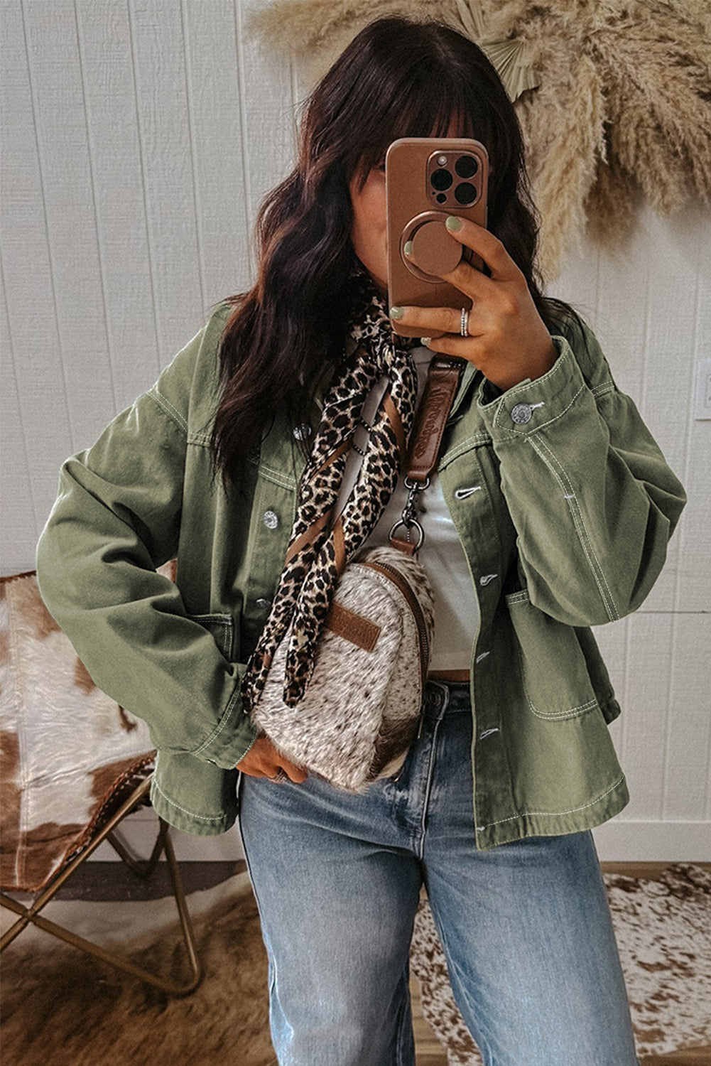Patched Pocket Collared Button Front Boyfriend Denim Jacket eAura
