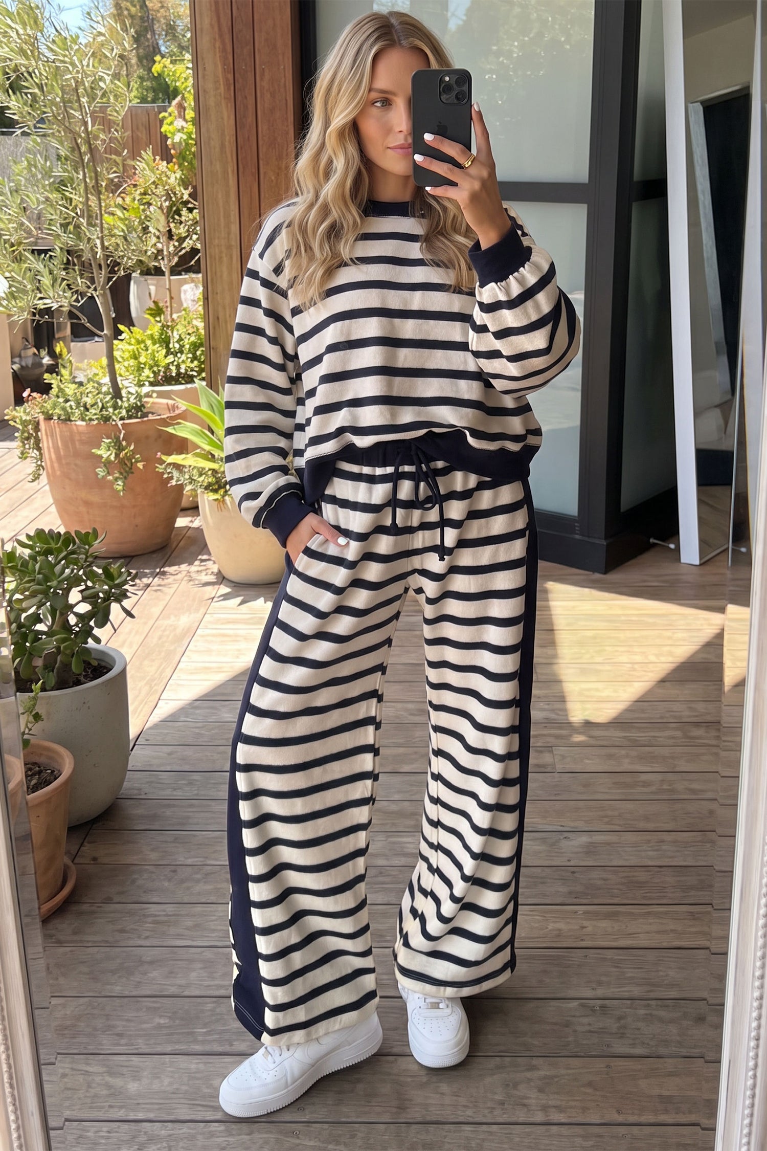 Relaxed Long Sleeve Top Color Block Detail Drawstring Pant Set – Beige Stripe
