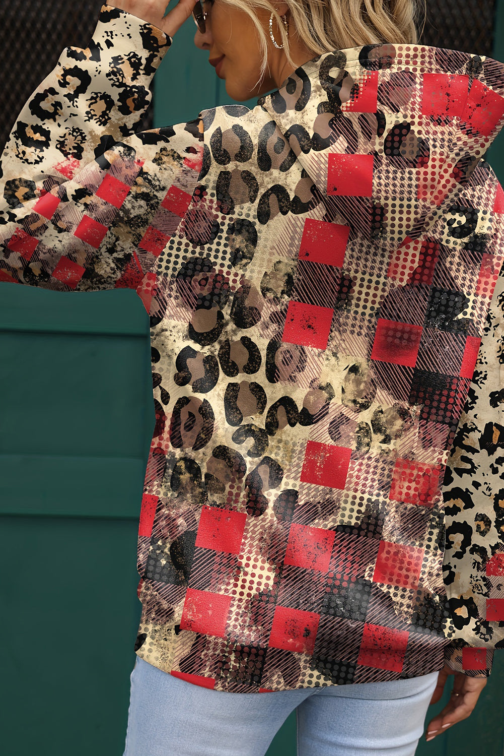 Brown Leopard Plaid Bleached Print Kangaroo Pocket Hoodie - eAura