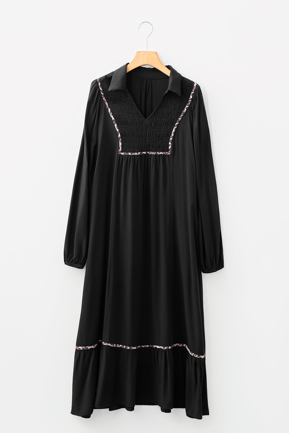 Collared V-Neck Smocked Detail Contrast Leopard Trim Bracelet Sleeve Long Dress - eAura