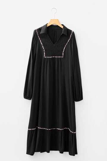 Collared V-Neck Smocked Detail Contrast Leopard Trim Bracelet Sleeve Long Dress - Dresses/Maxi Dresses