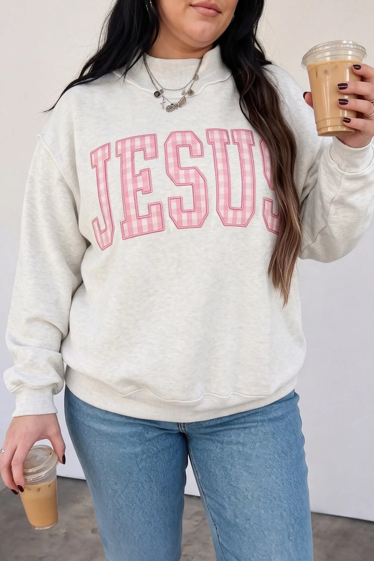 Gray Polka Dot Letter Print Loose Fit Long Sleeve Plus Size Sweatshirt