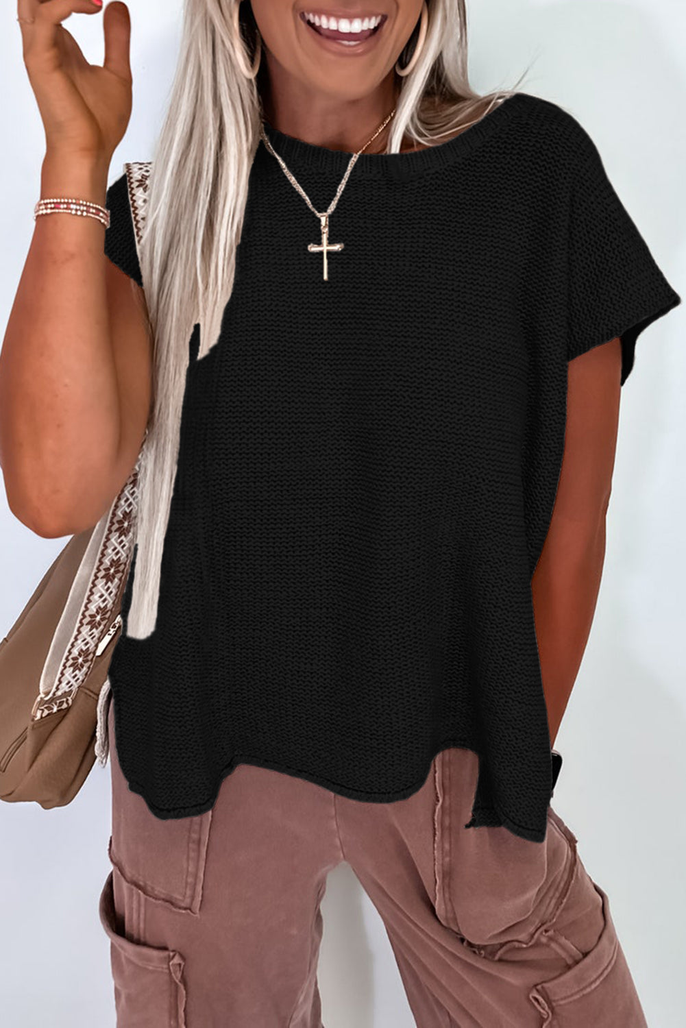 Sachet Pink Solid Color Sweater Tee with Side Slits BB Fashion Outlet