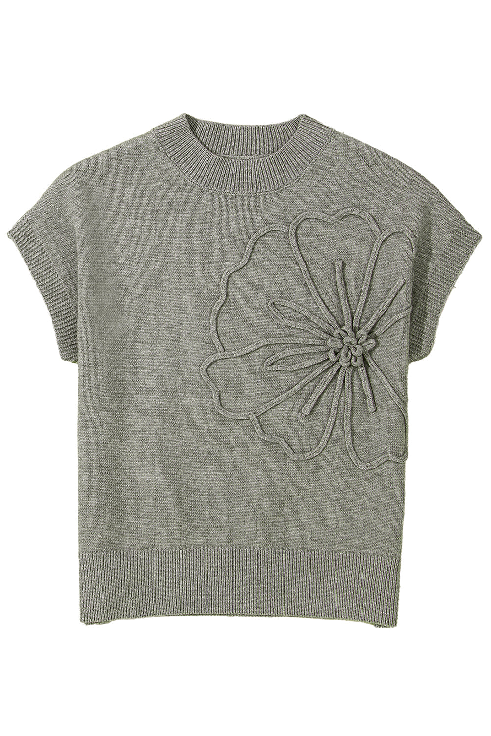 High Flower Pattern Ribbed Trim Short Sleeve Boxy Sweater eAura