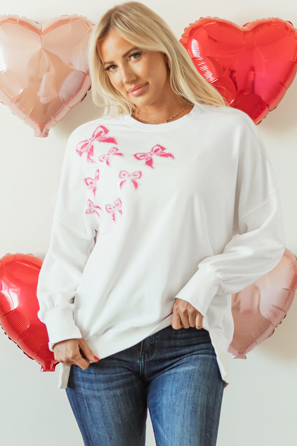 White Sequin Bowknot High Low Oversize Sweatshirt eAura