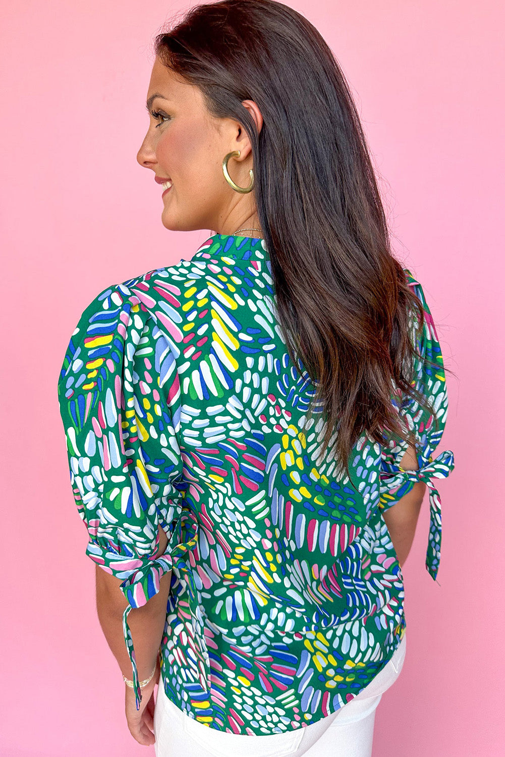 Green Brushwork Geometric Print Puff Sleeve Notched Neck Blouse eAura
