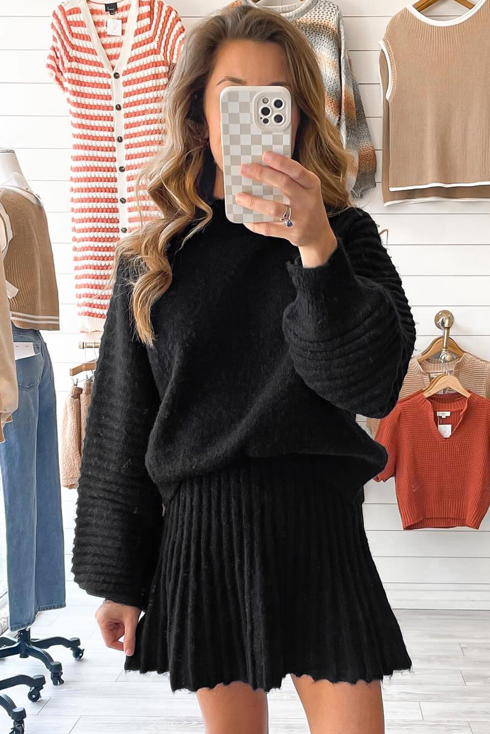 High Neck Puff Sleeve Sweater and Pleated Mini Skirt Co-ord Knit Outfit - Two Piece Sets/Two Dresses