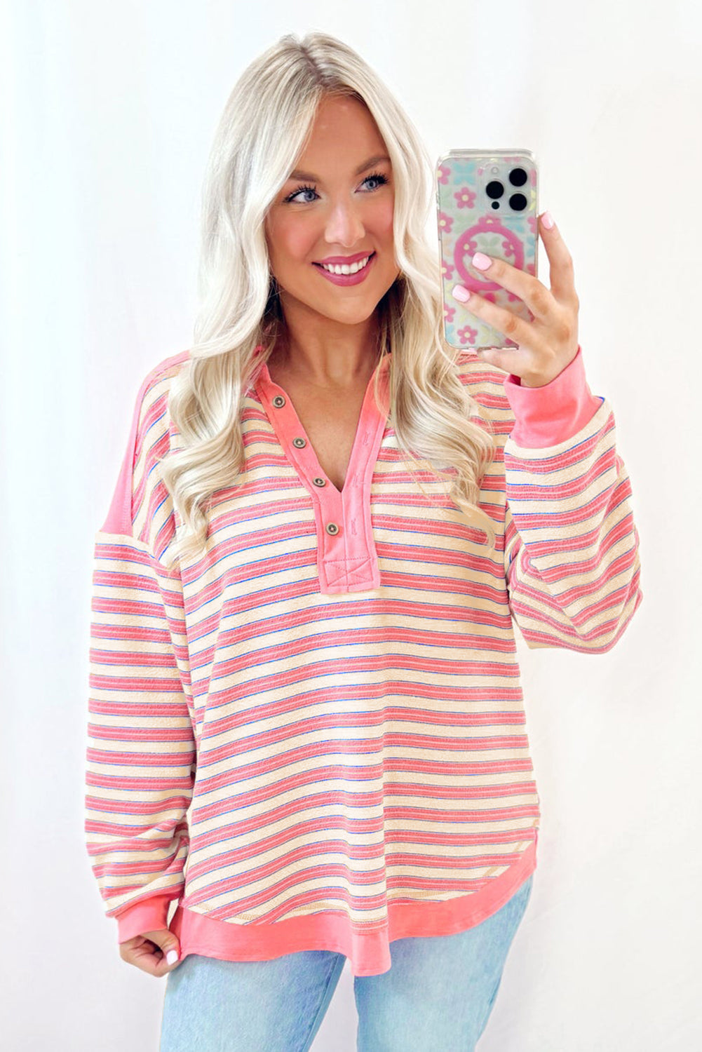 Pink Stripe Buttoned V Neck Collared Drop Shoulder Top BB Fashion Outlet