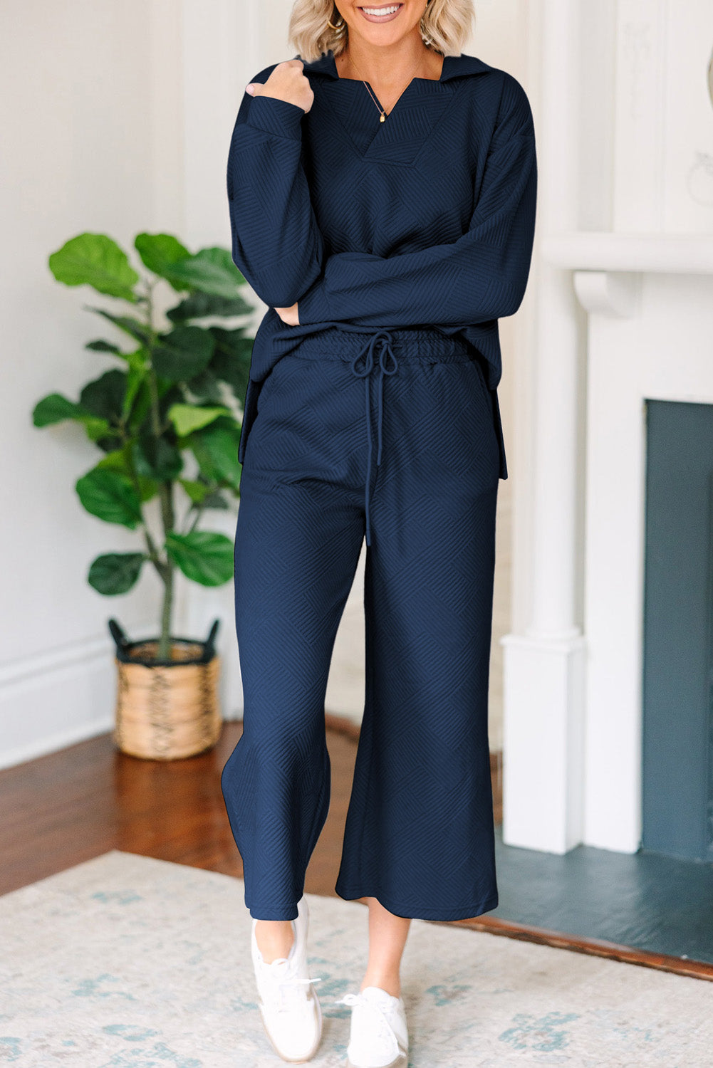 Textured Collared V-Neck Top and Wide Leg Trousers Co-ord Set eAura