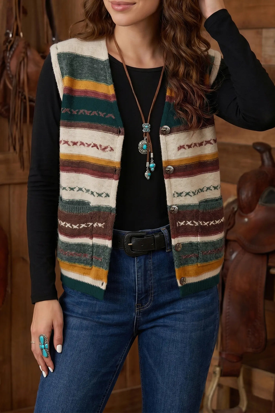 Striped Button Front Sleeveless Knit Regular Fit Sweater Vest – Multicolour
