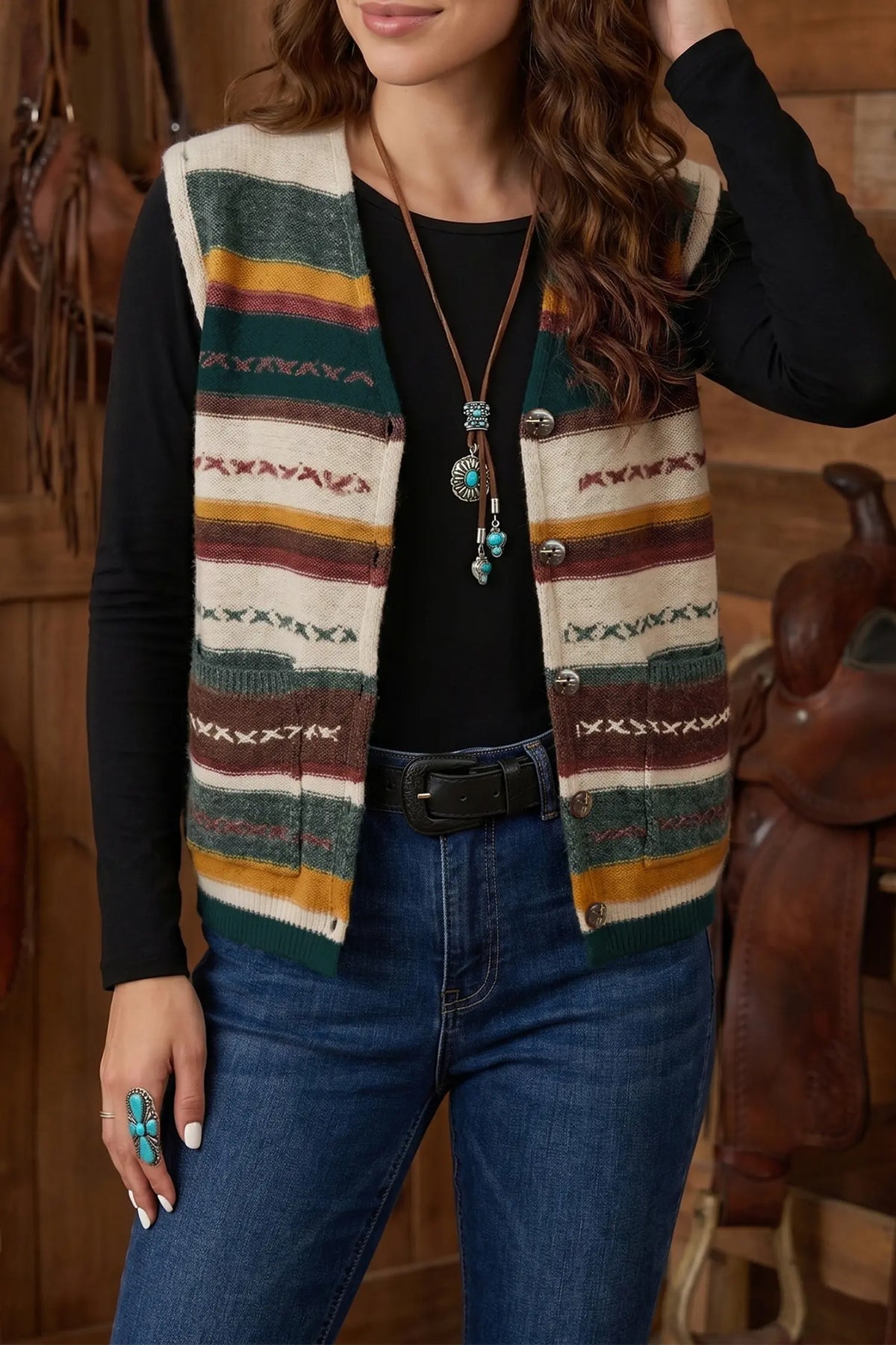 Striped Button Front Sleeveless Knit Regular Fit Sweater Vest – Multicolour