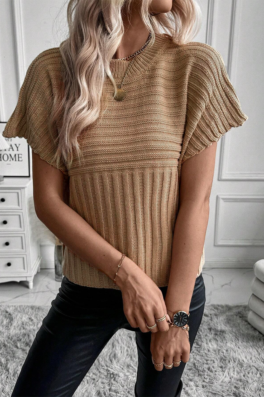 Light French Beige Rib Knitted Wide Sleeve Sweater T Shirt eAura