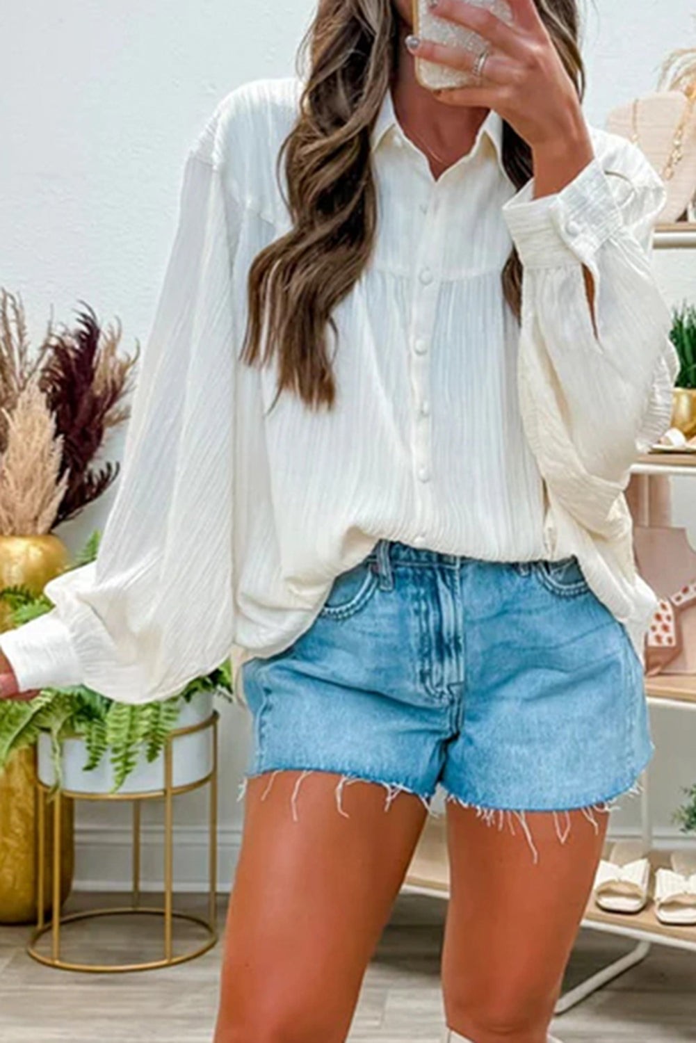 Crinkled Texture Lantern Sleeve Baggy Shirt - White / S - Tops/Blouses & Shirts