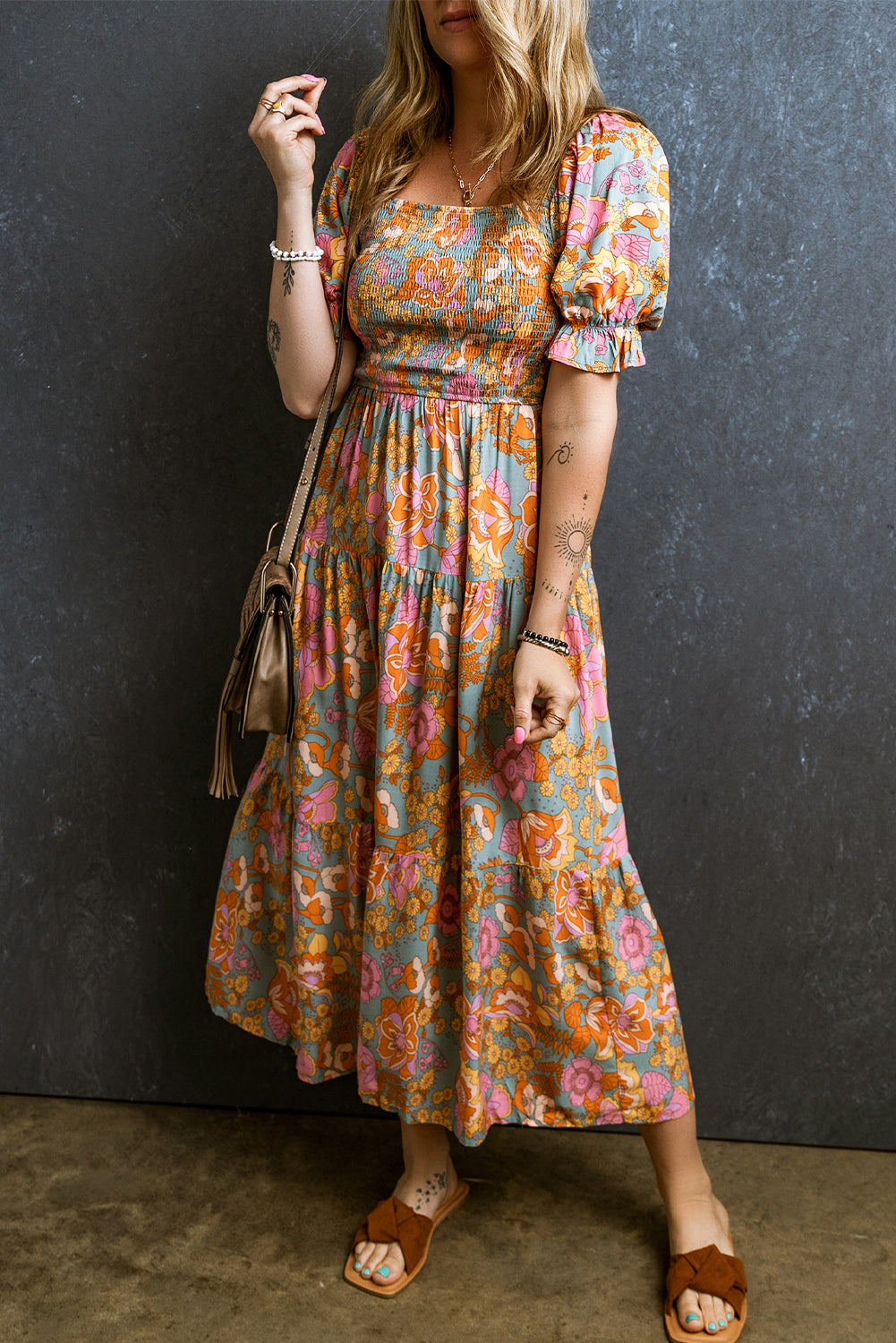 Yellow Smocked Bodice High Waist Puff Sleeve Floral Dress BB Fashion Outlet
