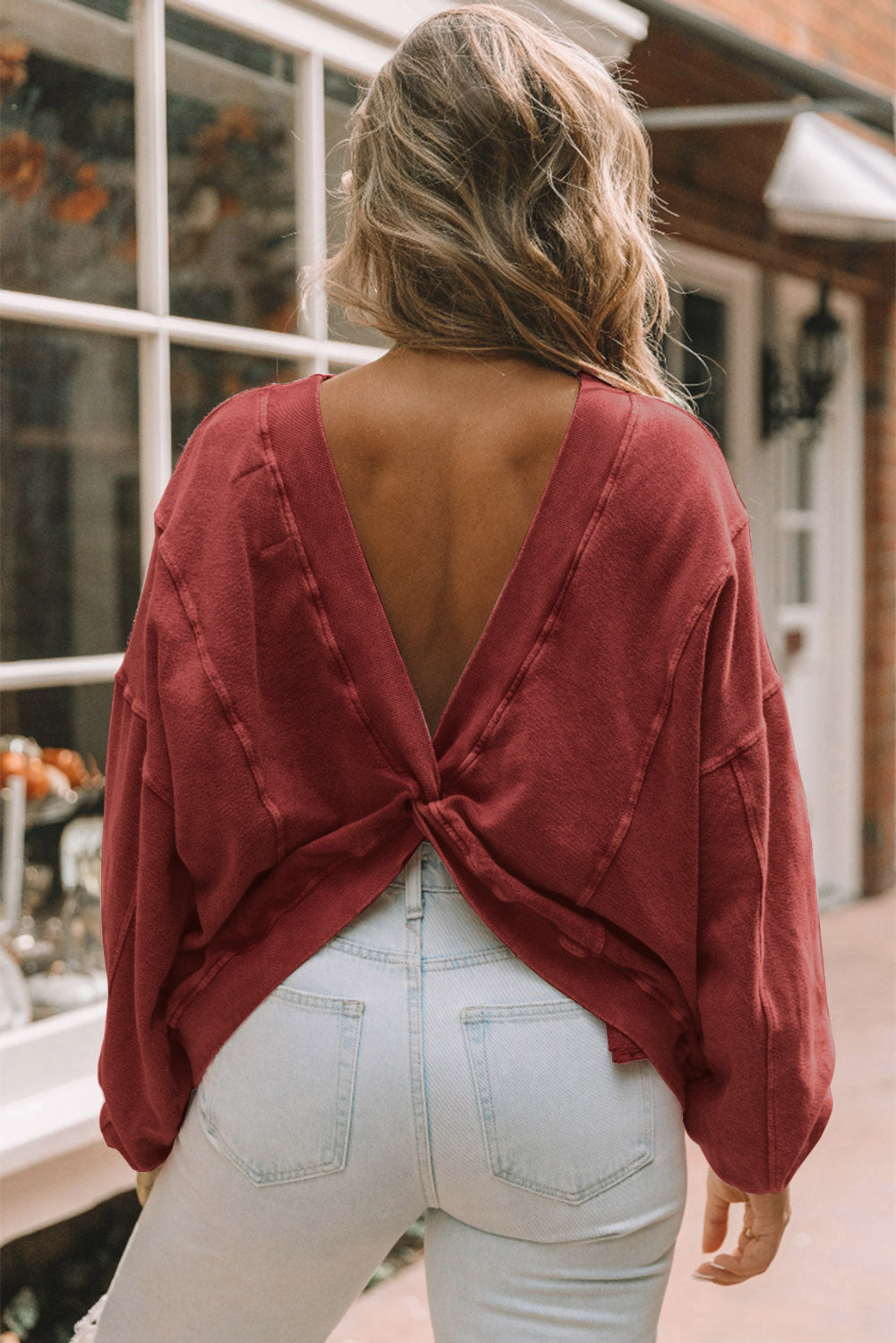 Khaki Exposed Seam Twist Open Back Oversized Sweatshirt eAura