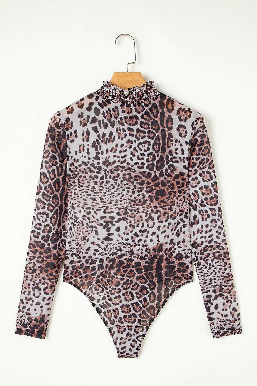 Brown Leopard Smocked Neck Mesh Long Sleeve Bodysuit eAura