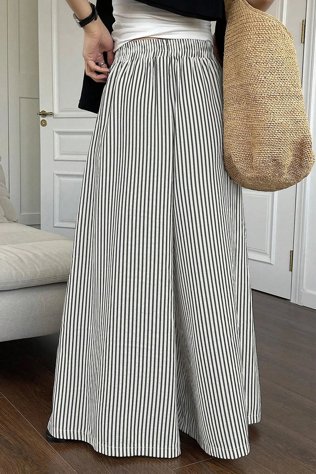 Black Stripe Ultra Wide Leg Trousers – Elastic Waist