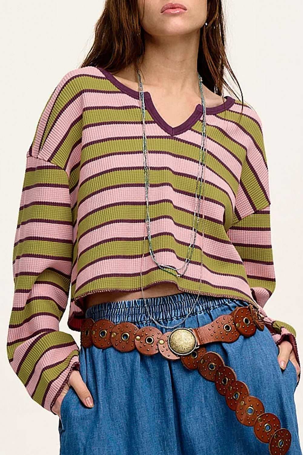 Spinach Green Clashing Stripes Waffle Texture Notched Neck Long Sleeve Top eAura