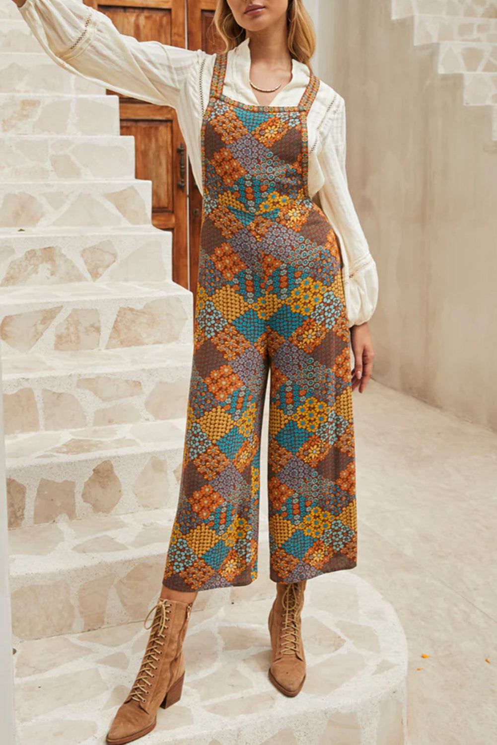 Multicolour Boho Floral Print Crossed Straps Ankle-length Jumpsuit eAura