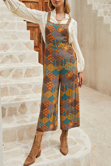 Multicolour Boho Floral Print Crossed Straps Ankle-length Jumpsuit eAura