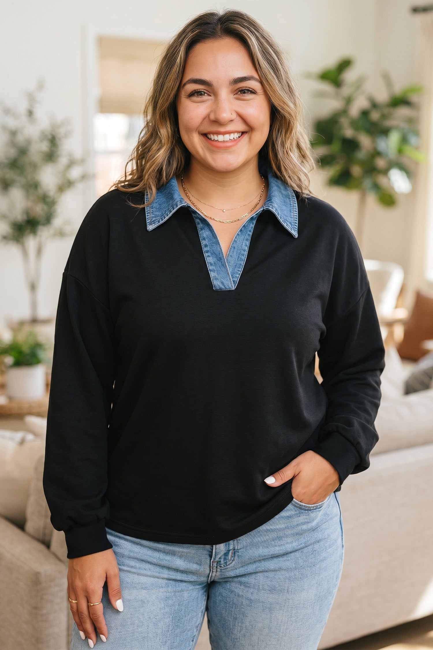 Solid V Neck Tunic Shift Long Sleeve Plus Size Blouse – Black
