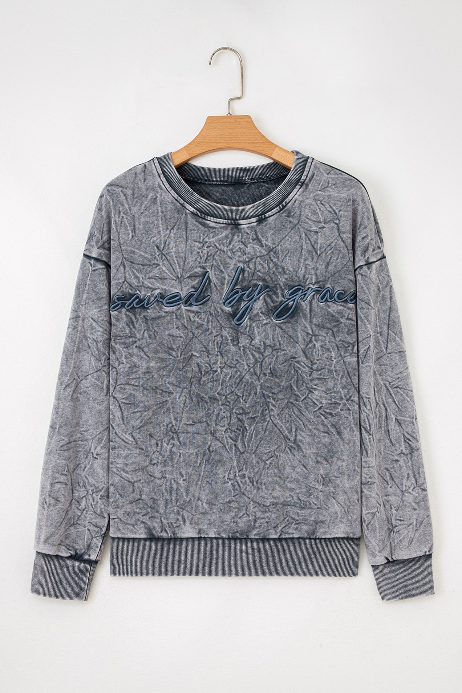 ’Saved By Grace’ Letter Embroidery Mineral Wash Loose Sweatshirt - Tops/Sweatshirts & Hoodies