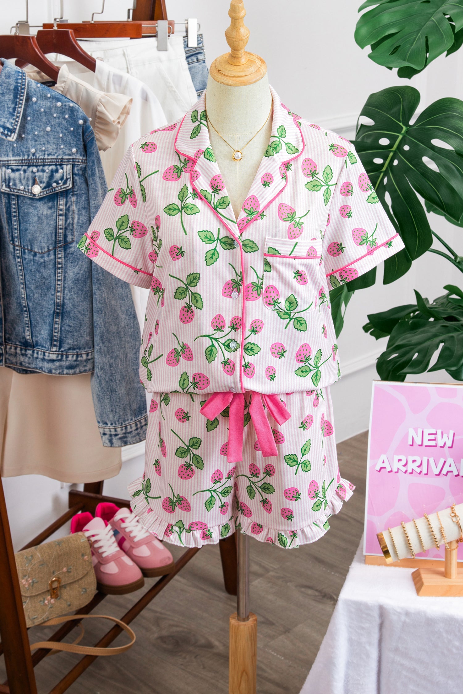 Striped Strawberry Print Pyjama Set – Pink