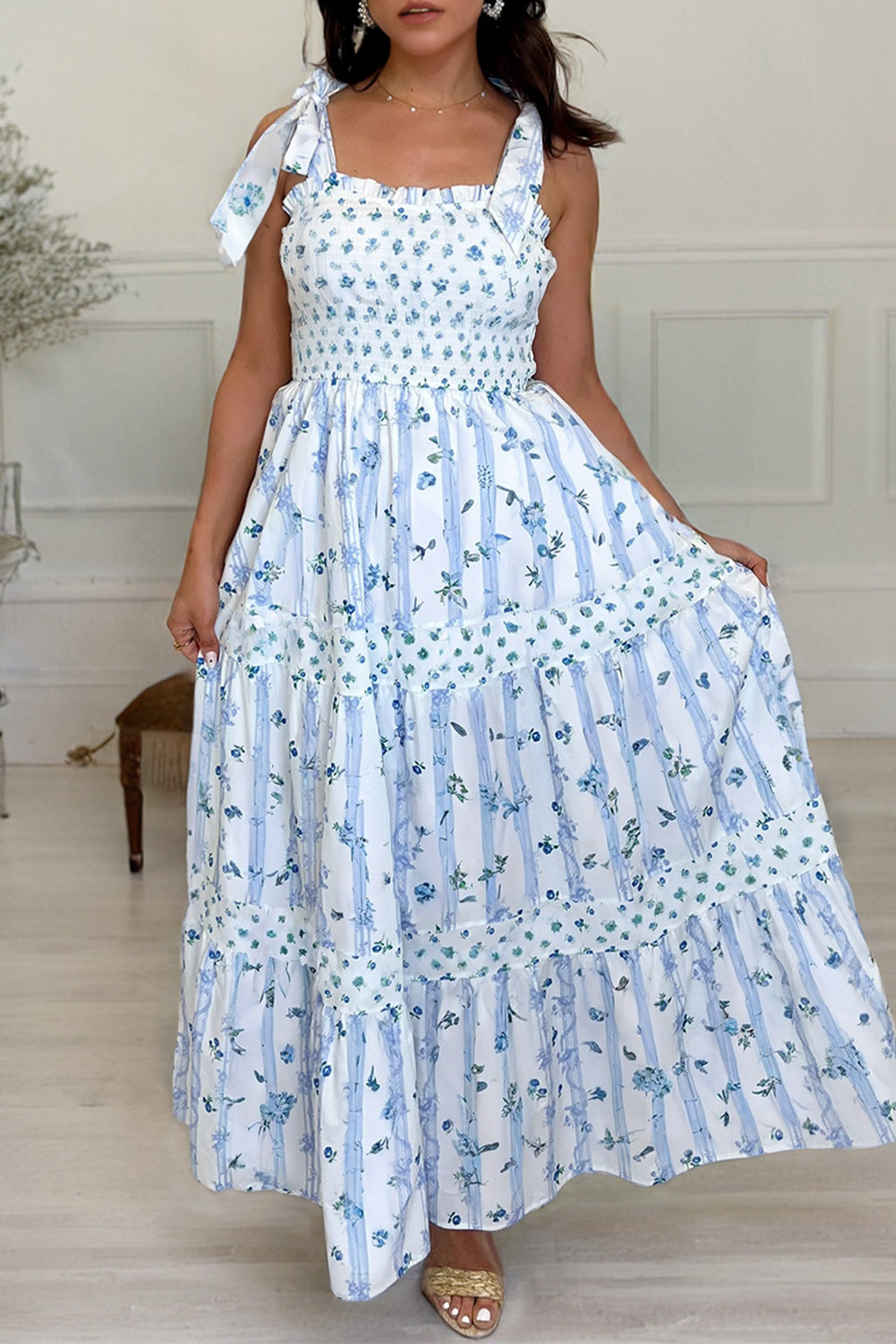 Sky Blue Floral Smocked Tied Straps A-Lined Tiered Maxi Dress eAura