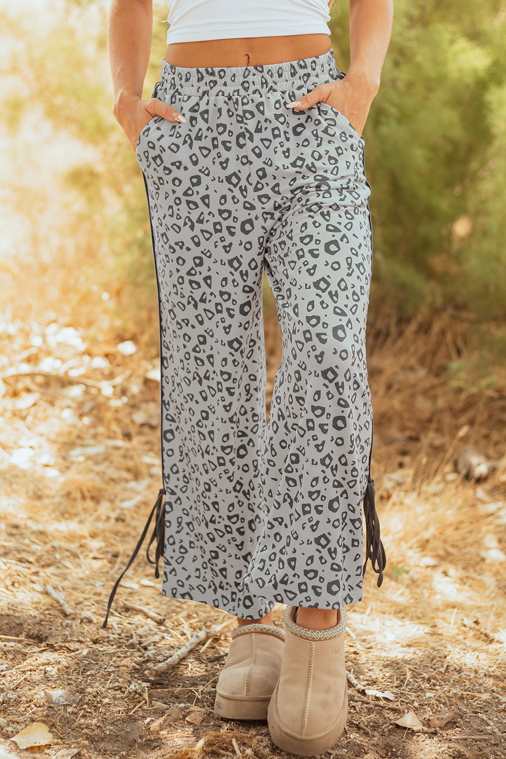 Grey Leopard High Waist Side Bow Straight Leg eAura