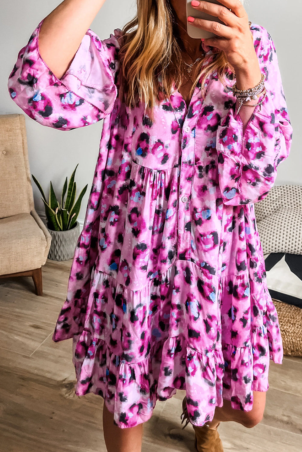 Rose Leopard Print Buttoned Front 3/4 Sleeve Tiered Ruffled Hem Dress Beagle Boutique Fashion Outlet