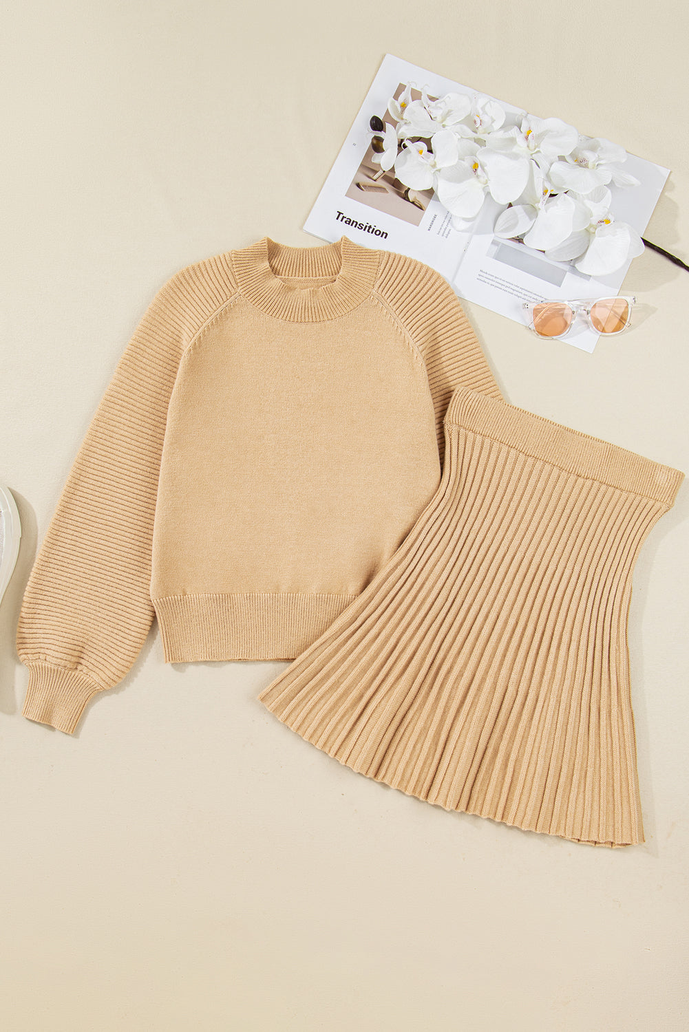 High Neck Puff Sleeve Sweater and Pleated Mini Skirt Co-ord Knit Outfit - eAura