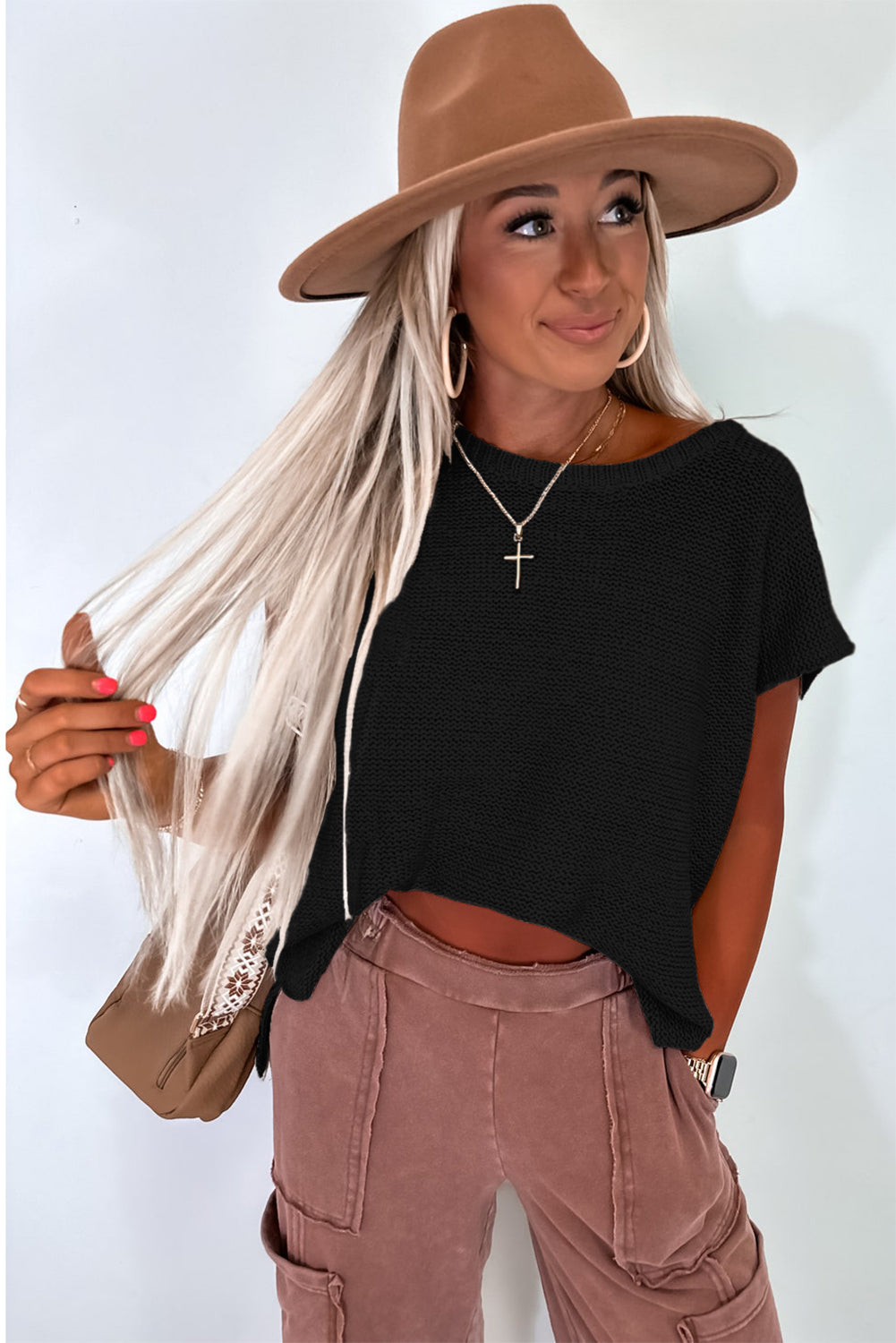 Sachet Pink Solid Color Sweater Tee with Side Slits BB Fashion Outlet