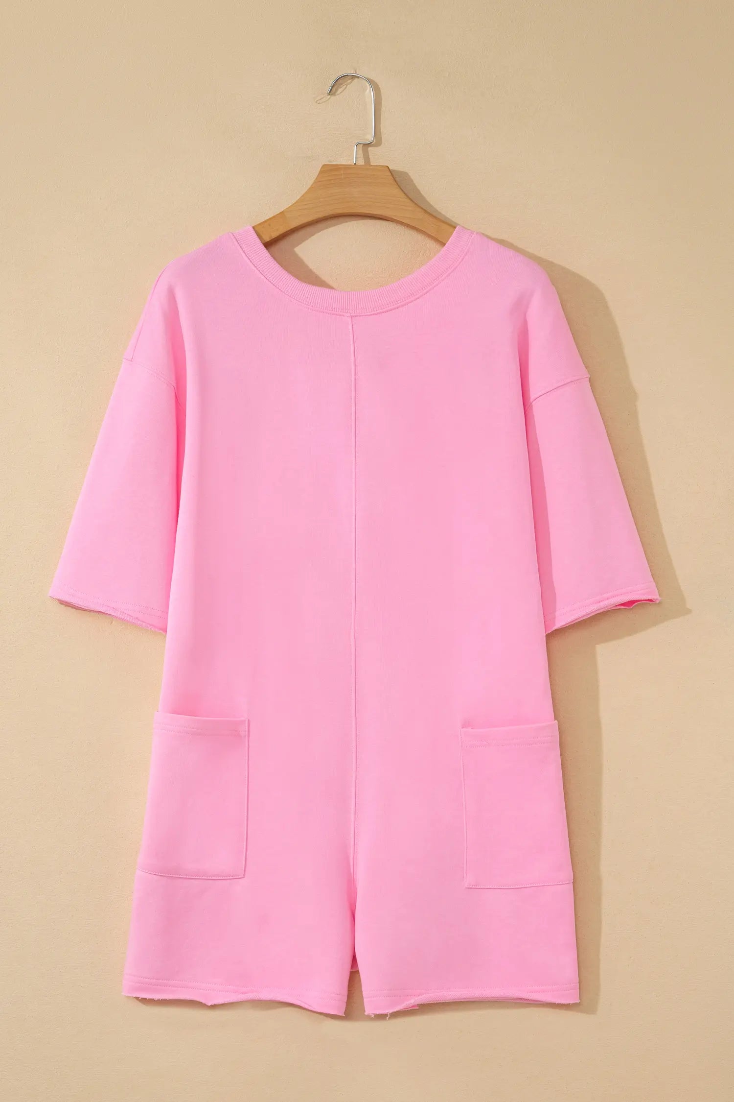Fiery Red Solid Color Raw Edge Half Sleeve Pocketed Loose Romper