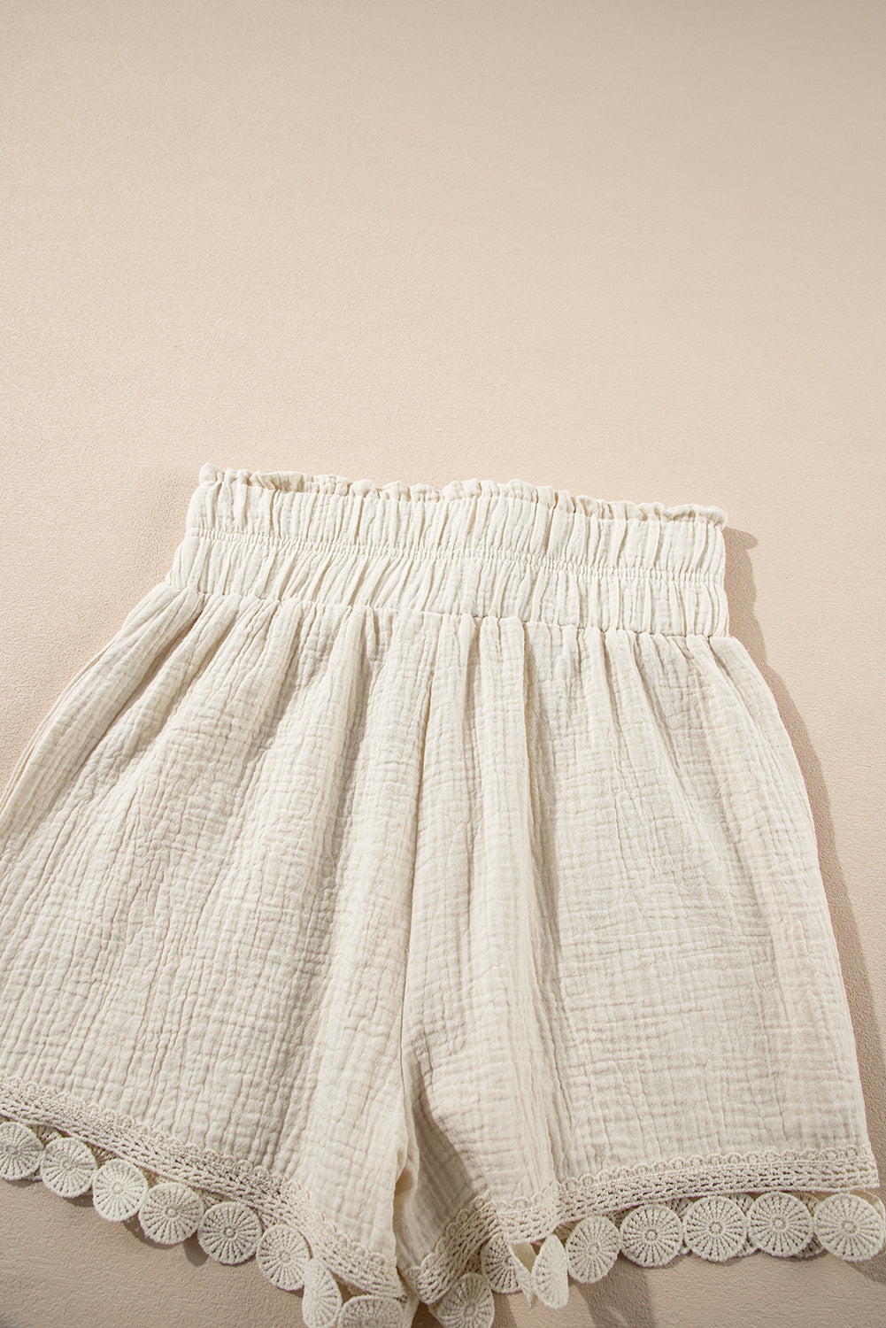 Apricot Textured Frilled Knotted High Waist Lace Hem Shorts eAura