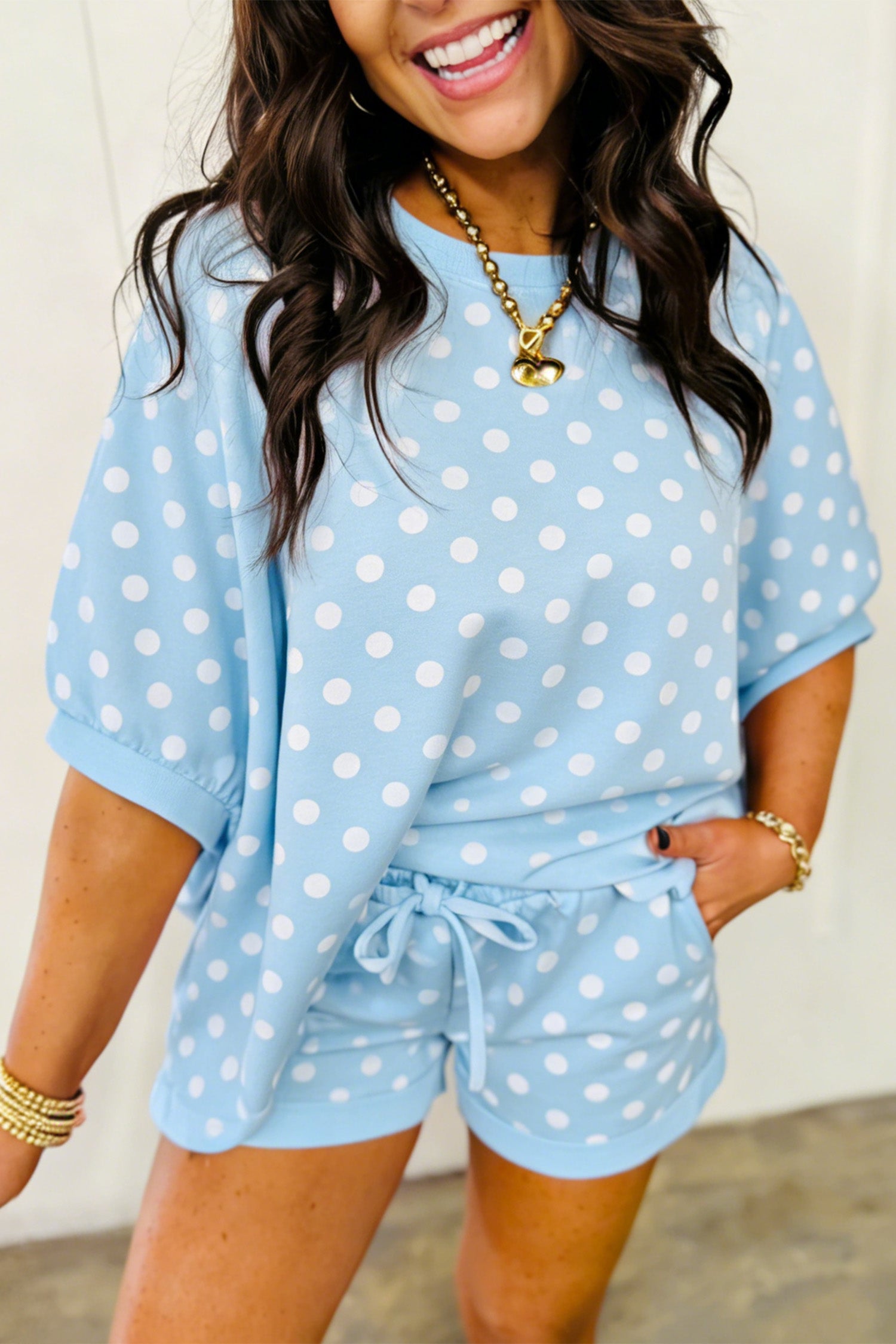 Polka Dot Oversized Top Drawstring Short Set – Green