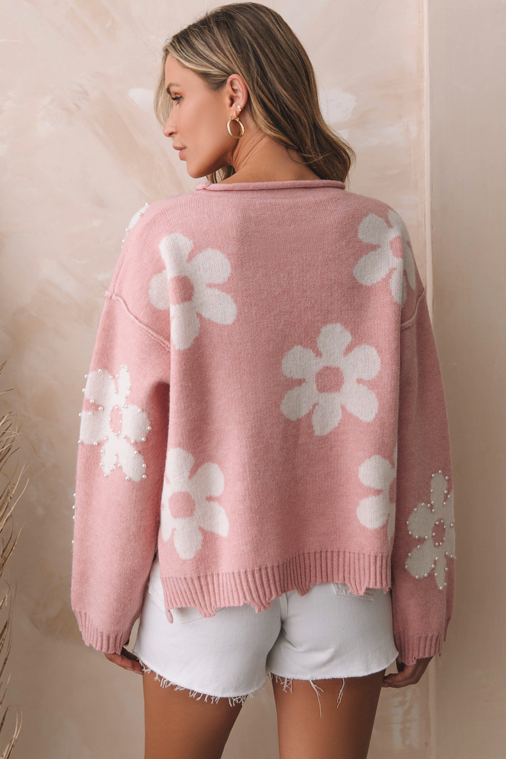 Multicolour Pearl Beaded Floral Drop Shoulder Sweater eAura