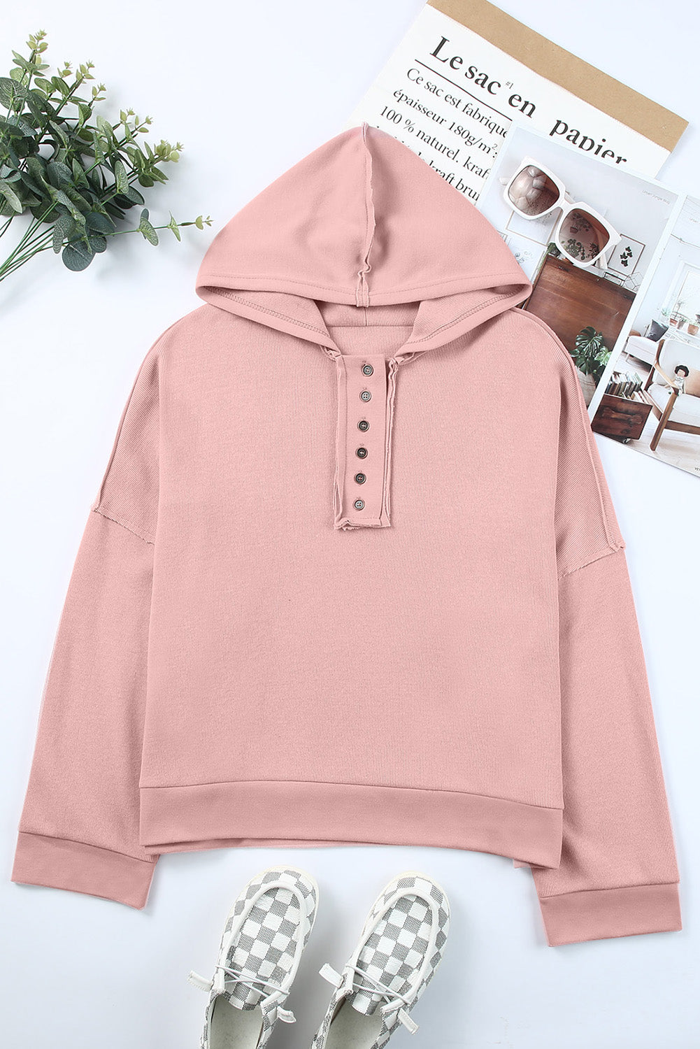 Pink Casual Button Solid Patchwork Trim Hoodie eAura
