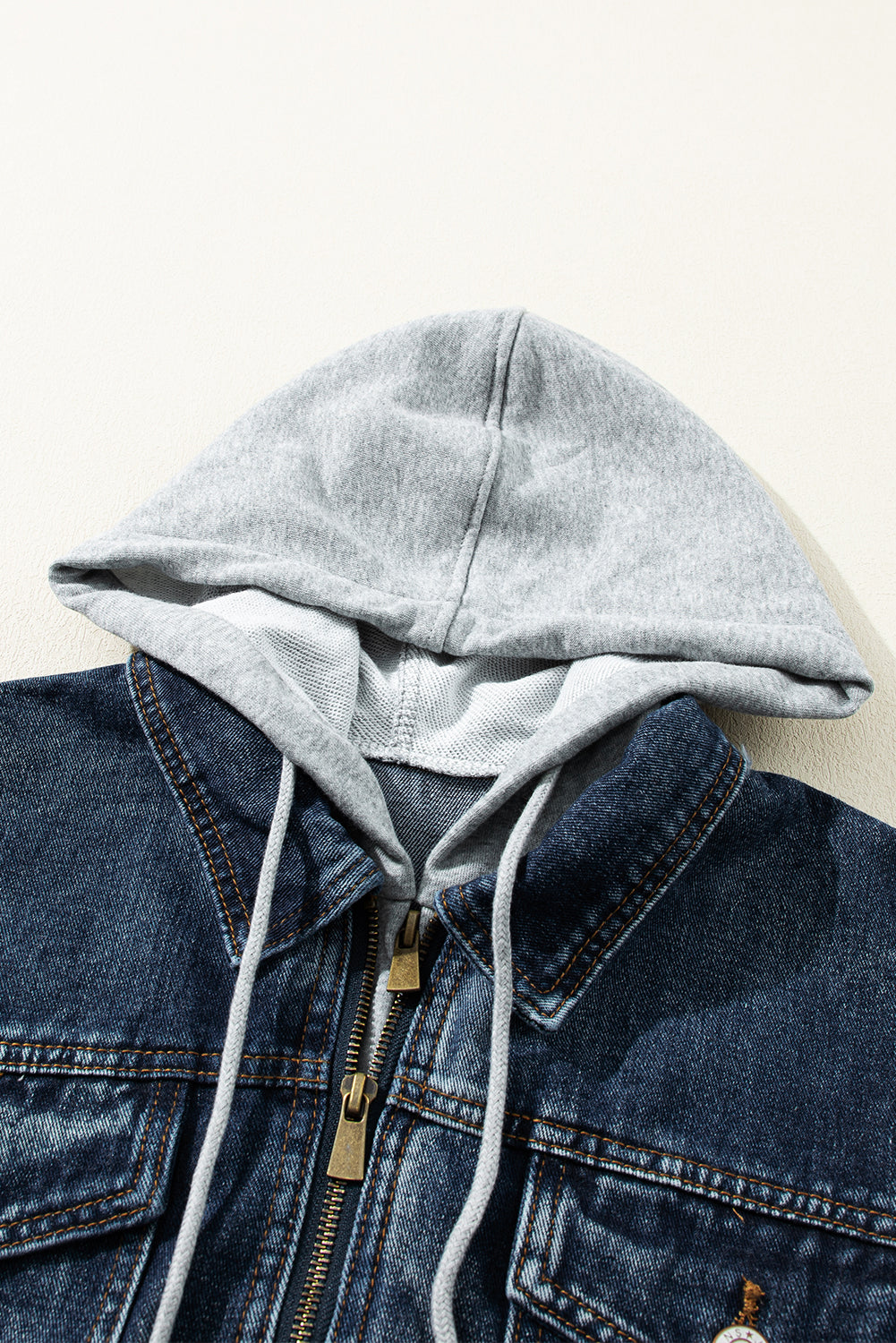 Dark Blue Fake Two-Piece Hooded Zip-Up Denim Jacket Beagle Boutique Fashion Outlet