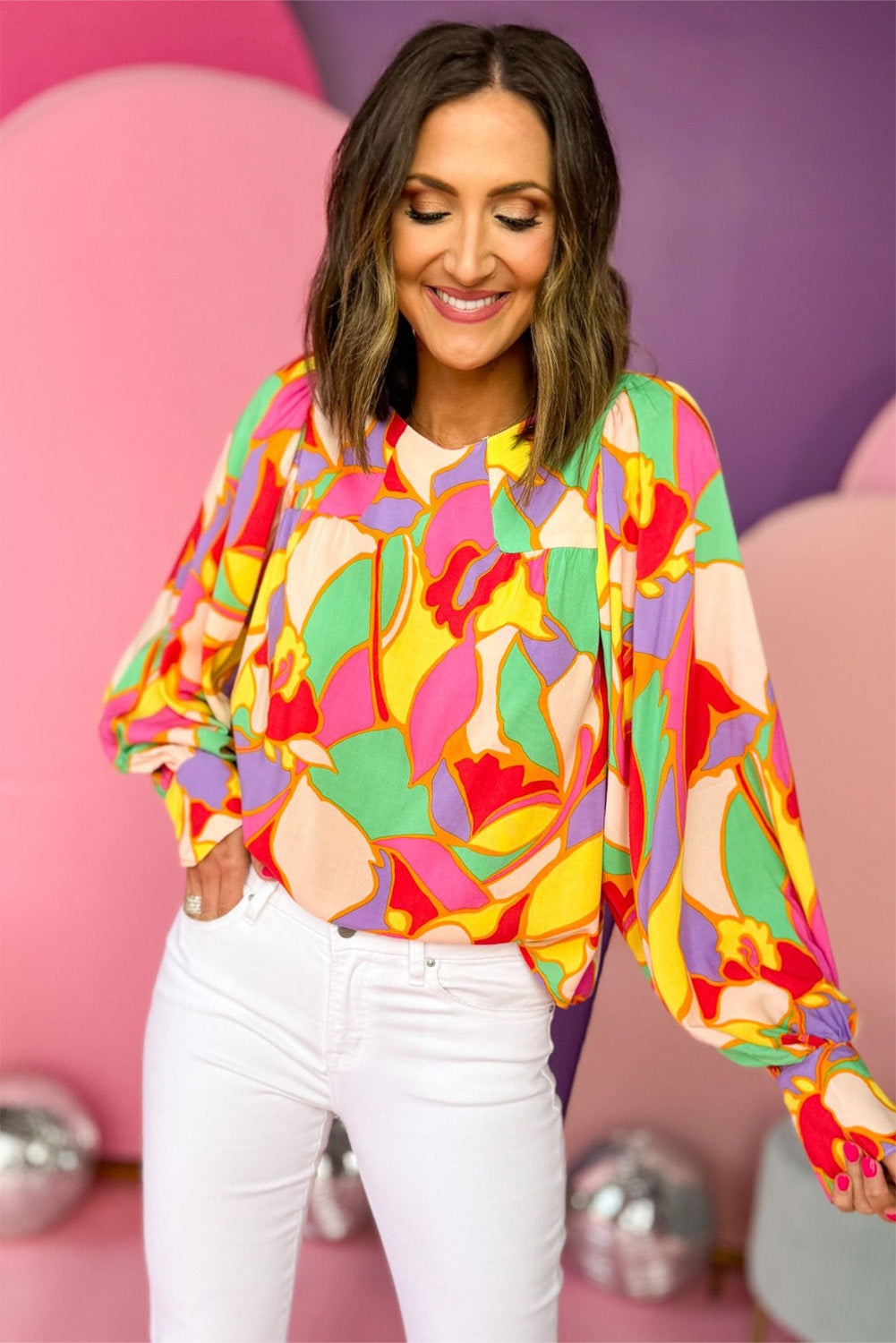 Yellow Abstract Print Puff Sleeve Blouse eAura