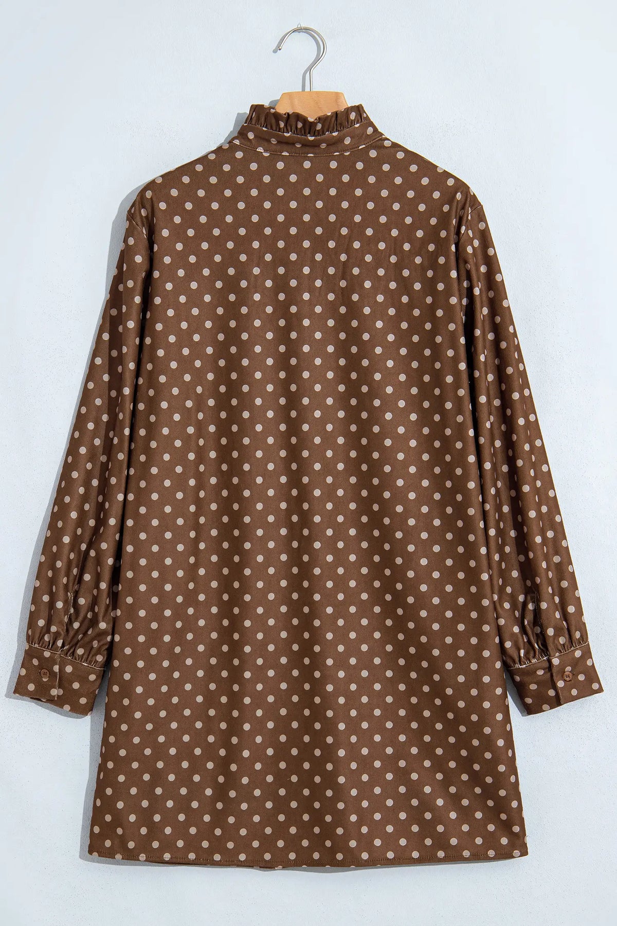Polka Dot V Neck Long Sleeve Button Shift Dress – Brown