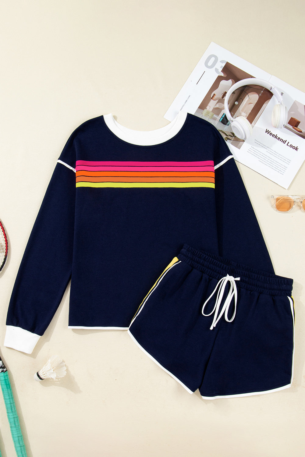 Colourful Striped Accent Varsity Long Sleeve Pullover and Shorts Co-ord Set - eAura