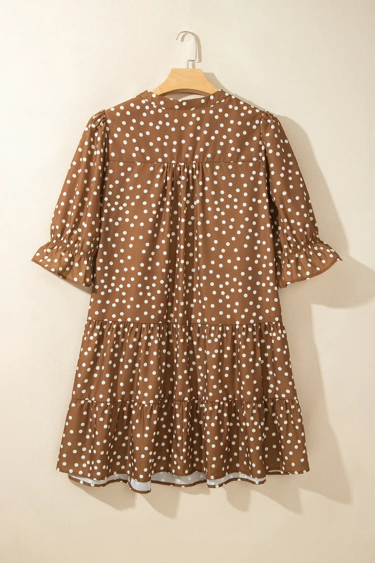 V Neck Polka Dot Long Sleeve Shift Plus Size Dress – Brown