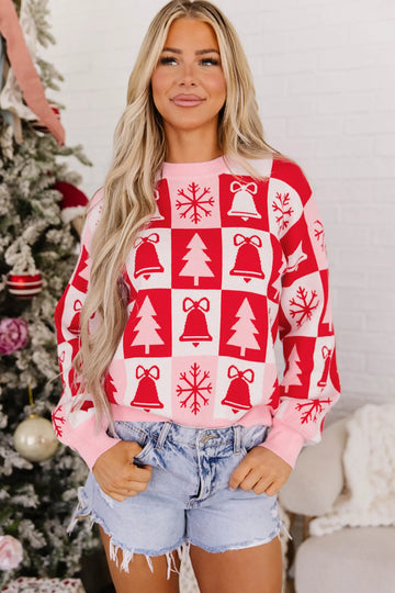 Pullover Christmas Plaid Round Neck Long Sleeve Tunic Sweater