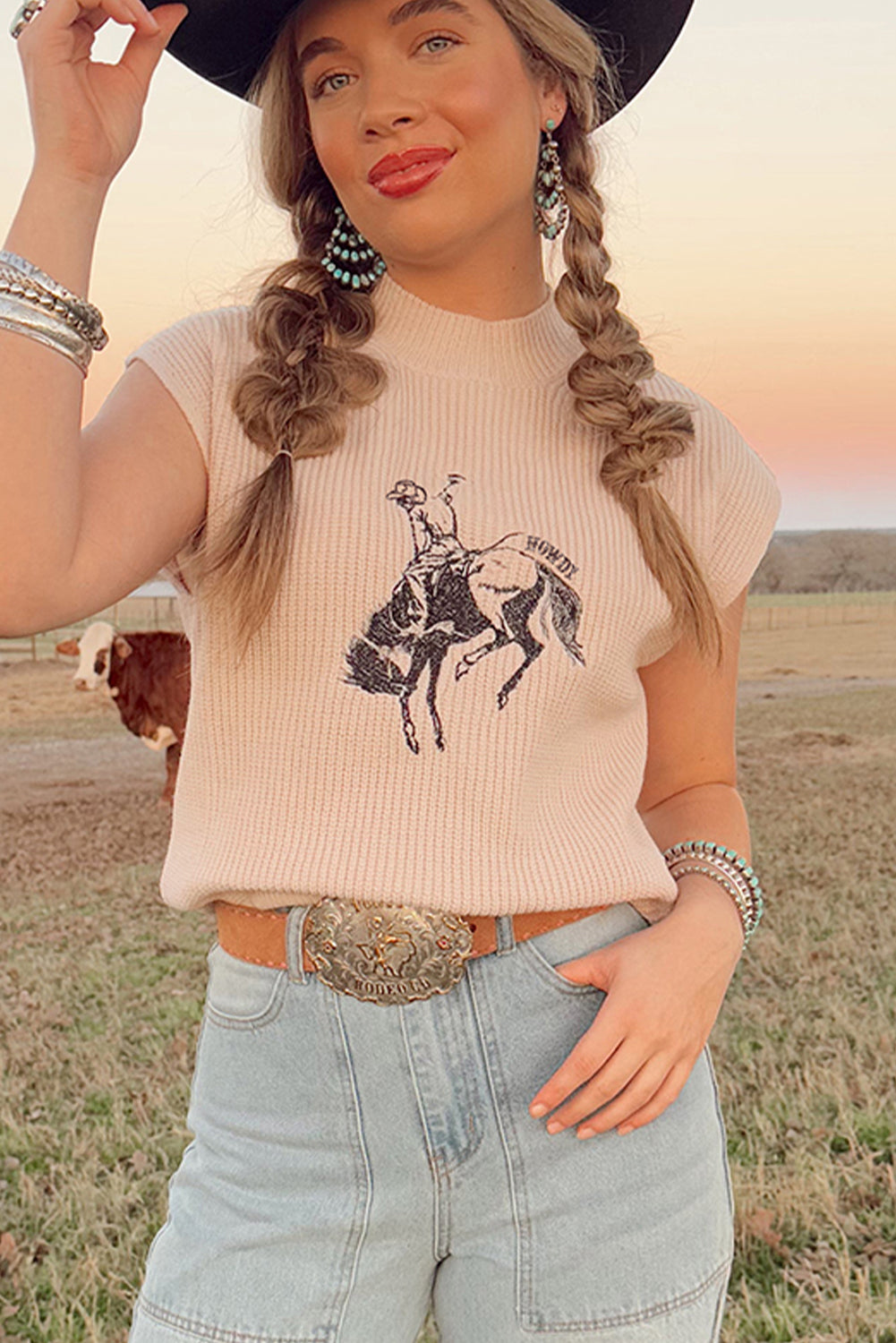 Cowboy Graphic High Neck Short Sleeve Knit Top - Sweaters & Cardigans/Short